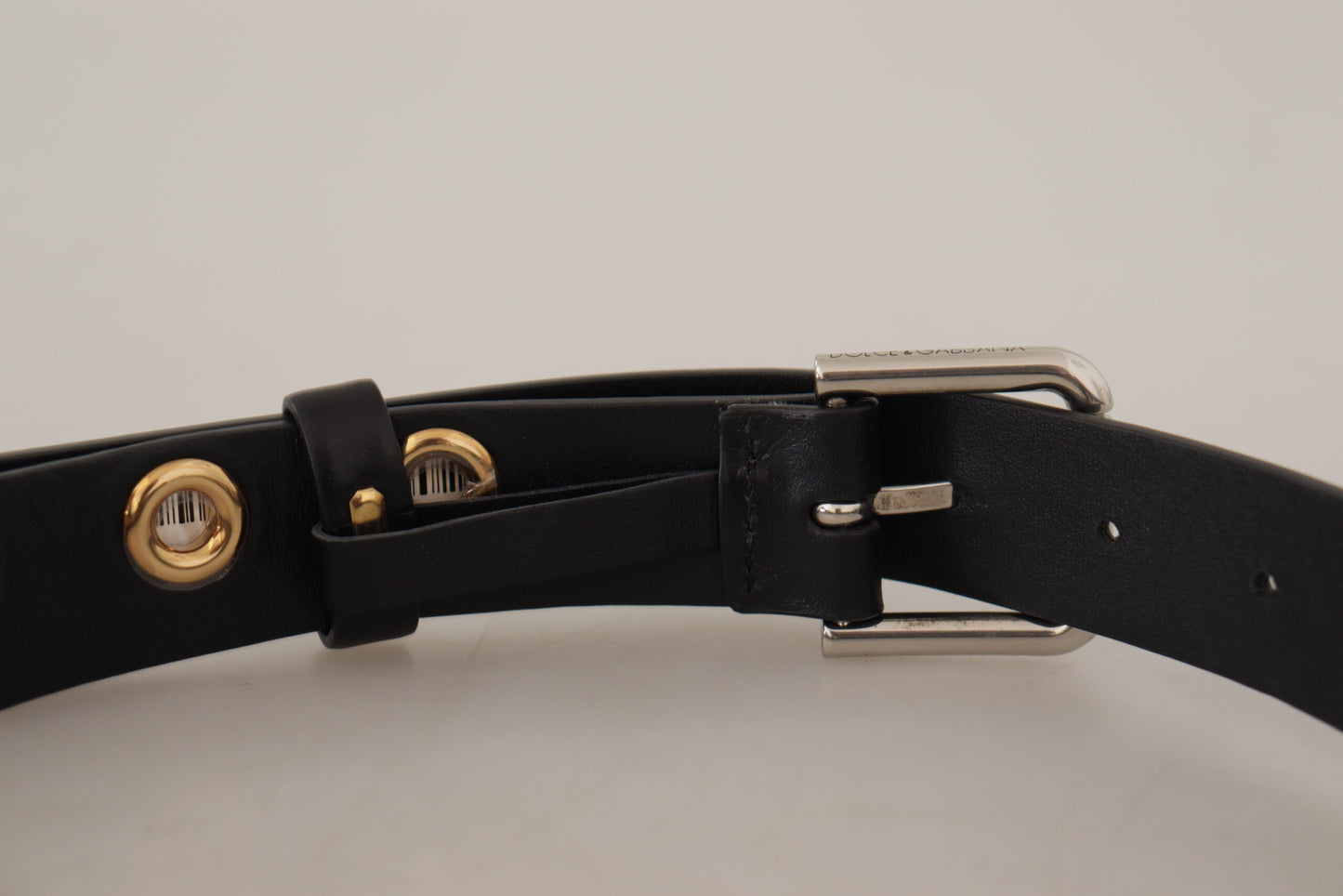 Ceinture Dolce & Gabbana en cuir noir avec œillets et boucle en métal argenté