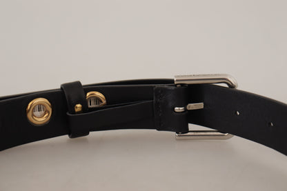 Ceinture Dolce & Gabbana en cuir noir avec œillets et boucle en métal argenté