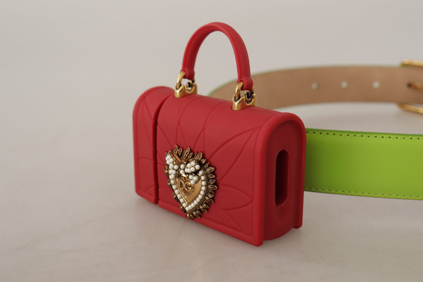 Dolce & Gabbana Ceinture Micro Sac Casque en Cuir Vert Devotion Cœur