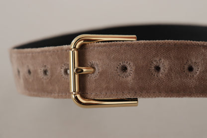 Ceinture Dolce & Gabbana en velours marron clair, avec boucle en métal doré et logo.