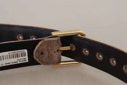 Ceinture Dolce & Gabbana en velours marron clair, avec boucle en métal doré et logo.