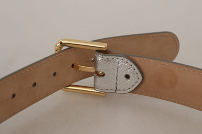 Ceinture Dolce & Gabbana en cuir argenté avec boucle en métal doré ornée du logo.