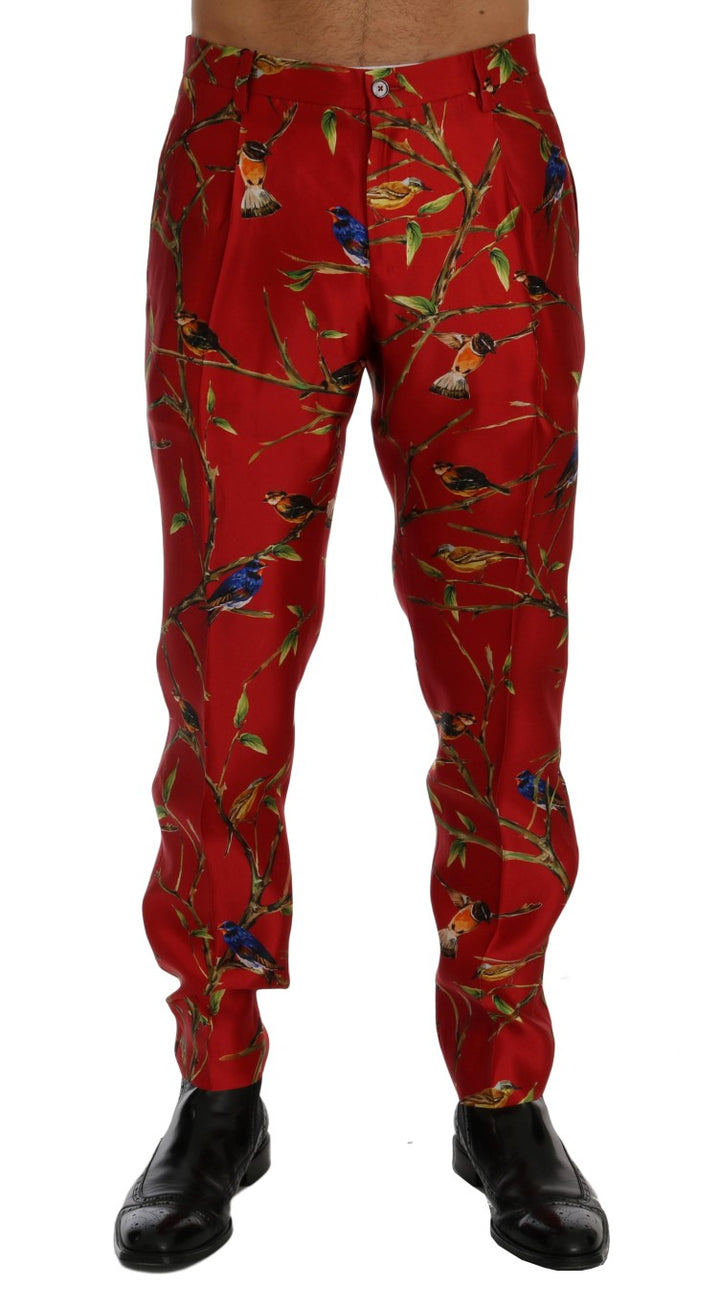 Dolce & Gabbana Pantalón de Vestir de Seda Roja Estampado de Pájaros