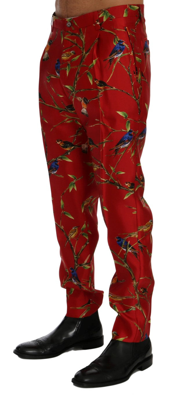 Dolce & Gabbana Pantalón de Vestir de Seda Roja Estampado de Pájaros