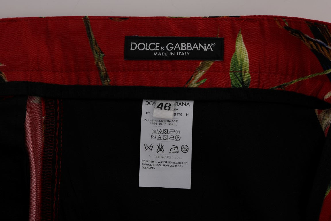 Pantalon en soie rouge à imprimé oiseau Dolce & Gabbana