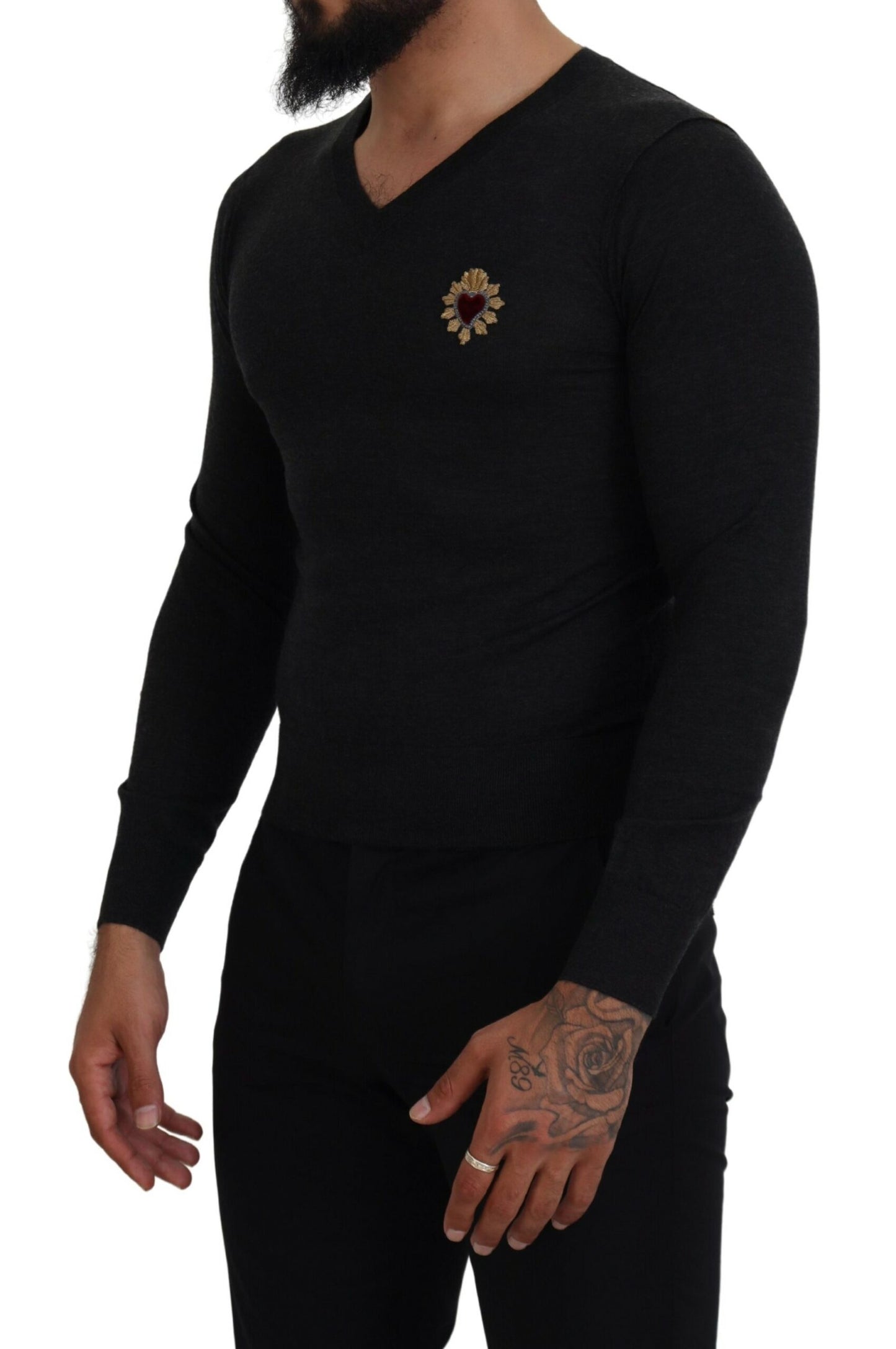 Pull en cachemire gris à col en V cœur doré Dolce & Gabbana