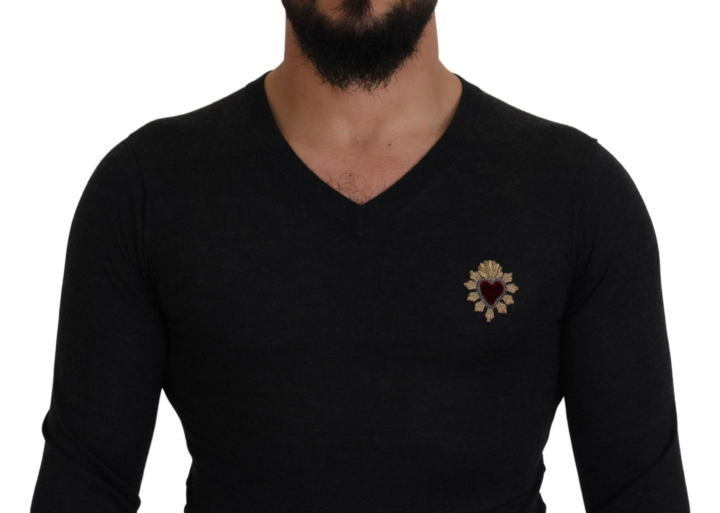 Pull en cachemire gris à col en V cœur doré Dolce & Gabbana