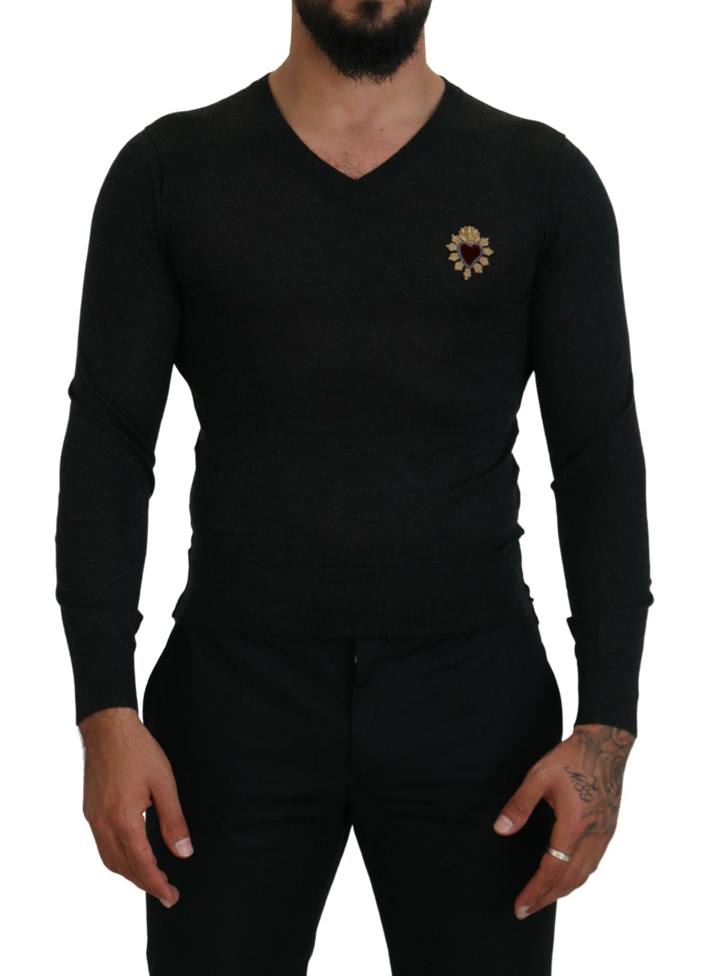 Pull en cachemire gris à col en V cœur doré Dolce & Gabbana