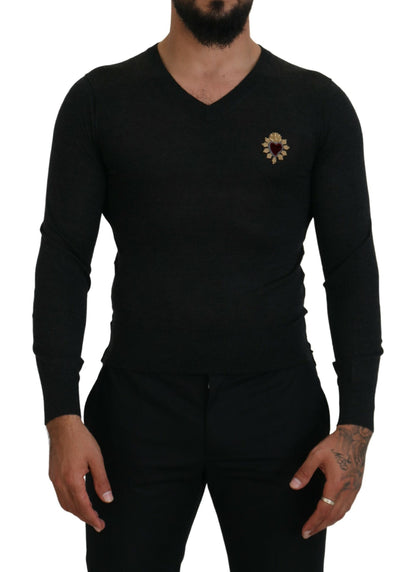 Pull en cachemire gris à col en V cœur doré Dolce & Gabbana