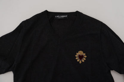 Pull en cachemire gris à col en V cœur doré Dolce & Gabbana