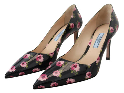 Escarpins Prada en cuir noir à talons aiguilles fleuris