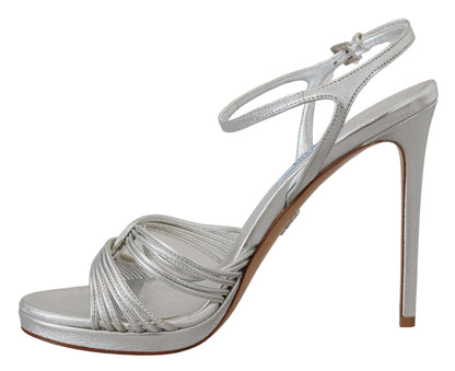 Sandales Prada en cuir argenté à brides cheville talons aiguilles