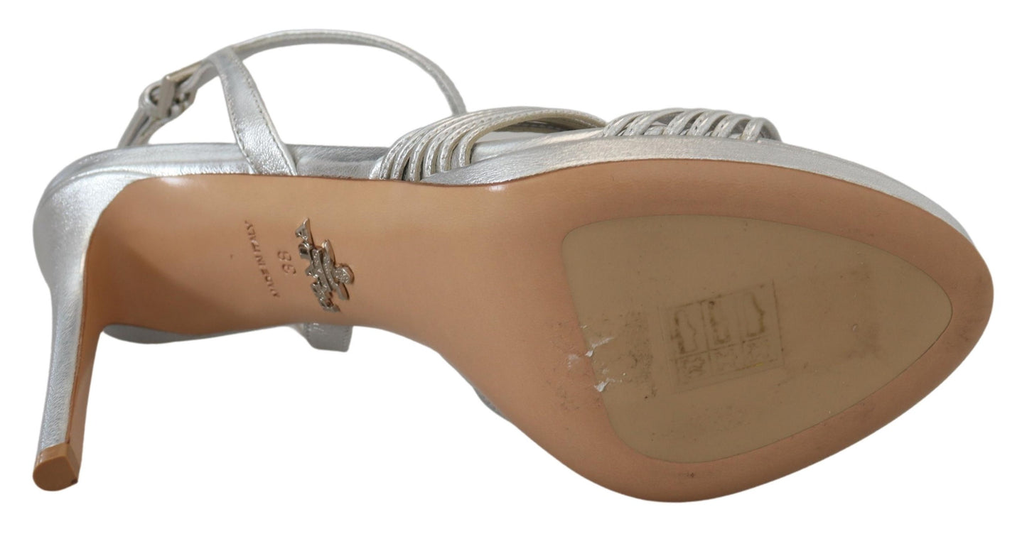 Sandales Prada en cuir argenté à brides cheville talons aiguilles