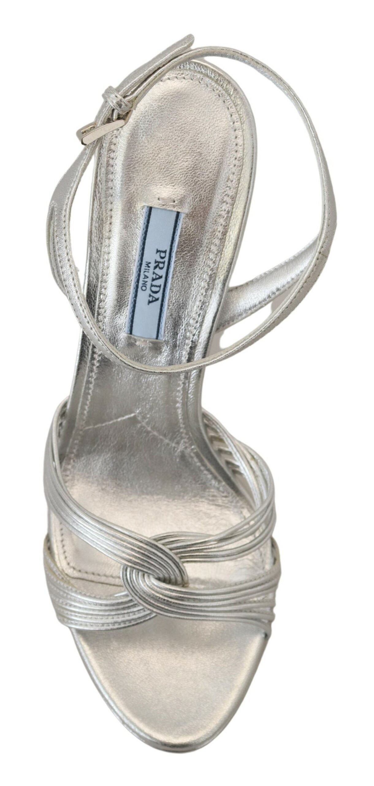 Sandales Prada en cuir argenté à brides cheville talons aiguilles