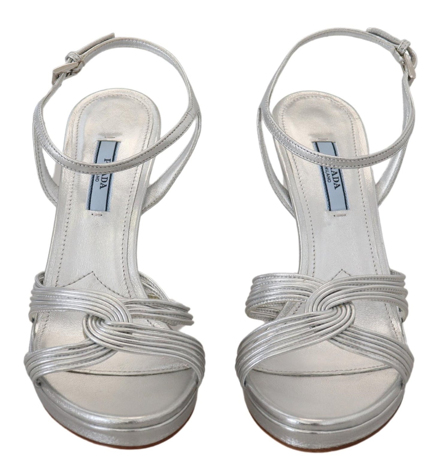 Sandales Prada en cuir argenté à brides cheville talons aiguilles