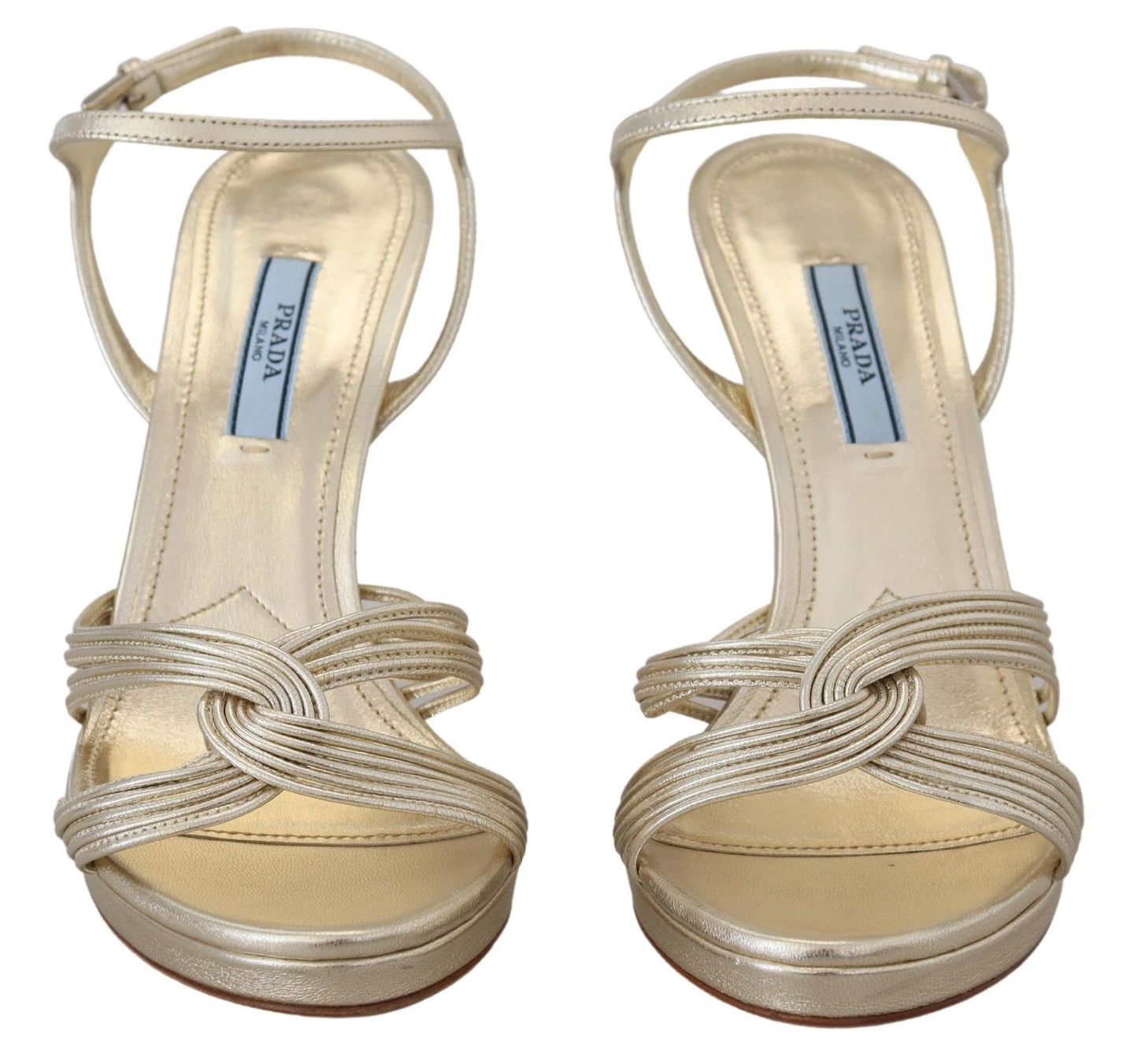 Sandales Prada en cuir doré à talon aiguille et brides de cheville