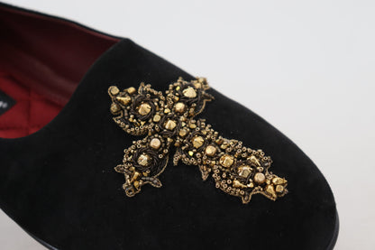 Chaussures Mocassins Dolce & Gabbana en Daim Noir et Croix Dorée à Enfiler