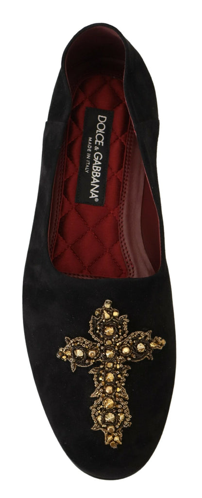Chaussures Mocassins Dolce & Gabbana en Daim Noir et Croix Dorée à Enfiler