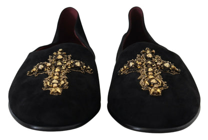 Chaussures Mocassins Dolce & Gabbana en Daim Noir et Croix Dorée à Enfiler