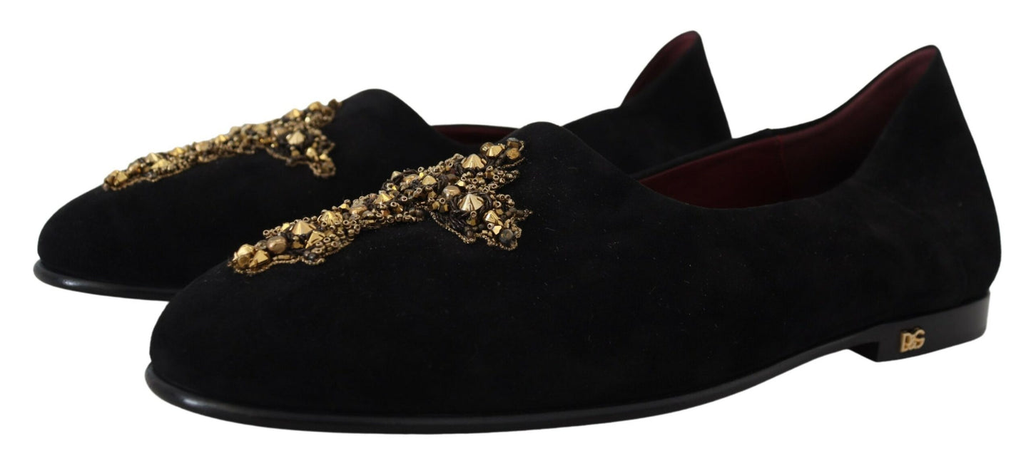 Chaussures Mocassins Dolce & Gabbana en Daim Noir et Croix Dorée à Enfiler