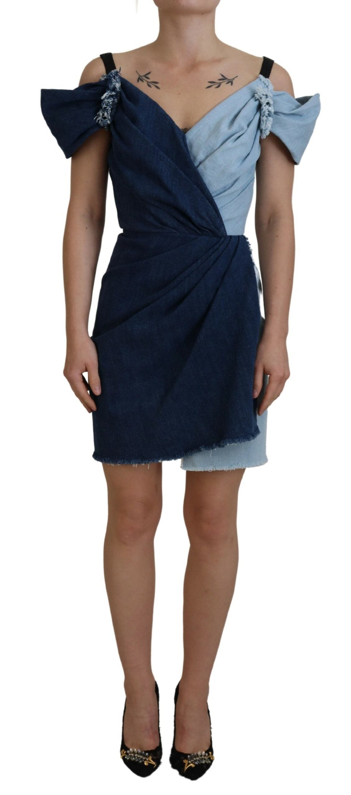 Mini-robe en jean patchwork bicolore bleu Dolce & Gabbana