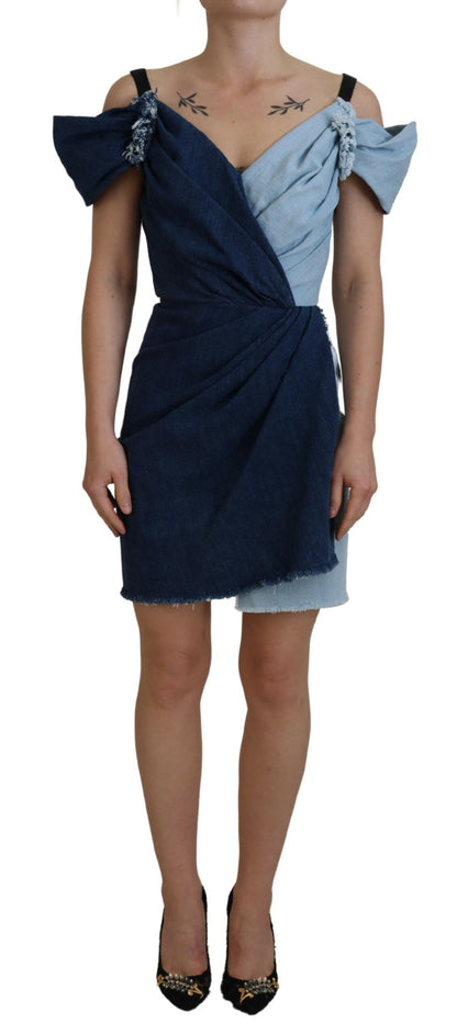 Mini-robe en jean patchwork bicolore bleu Dolce & Gabbana