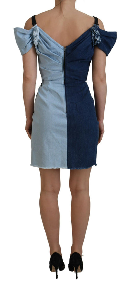 Mini-robe en jean patchwork bicolore bleu Dolce & Gabbana