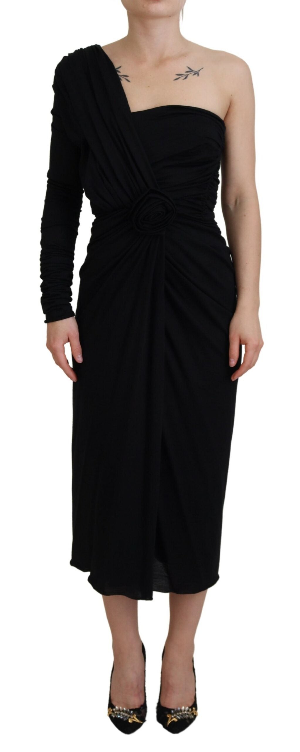 Robe en laine Dolce & Gabbana noire coupe fourreau asymétrique à volants