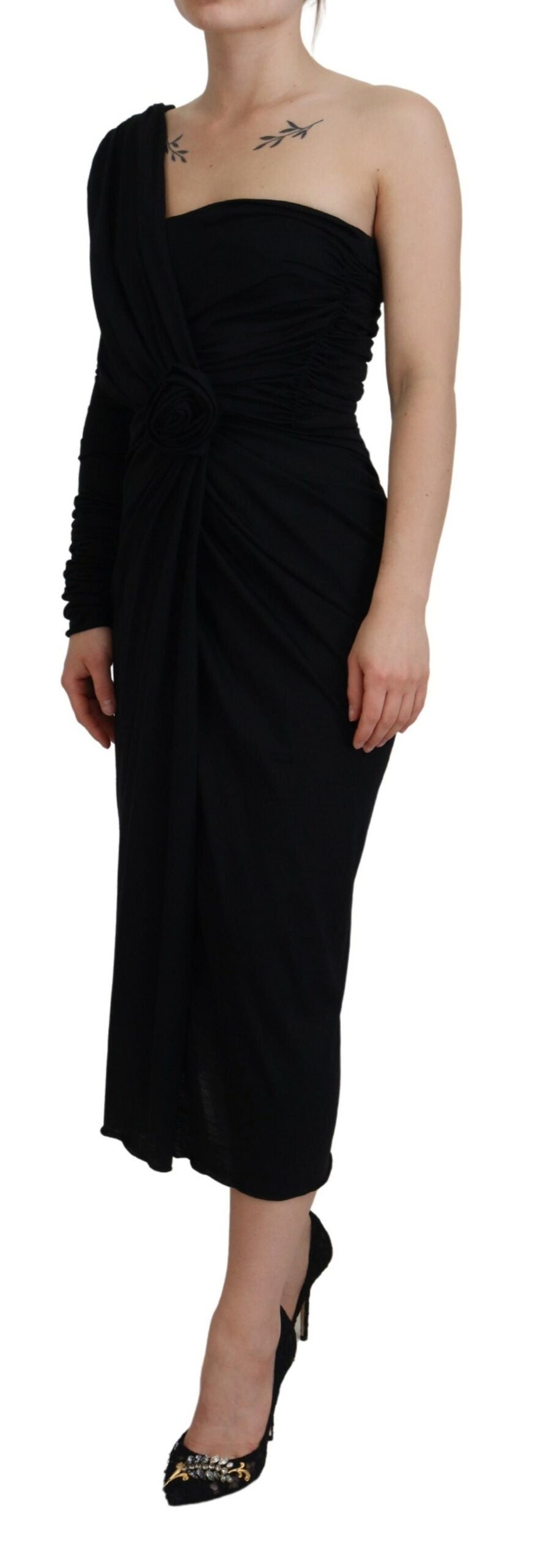 Robe en laine Dolce & Gabbana noire coupe fourreau asymétrique à volants