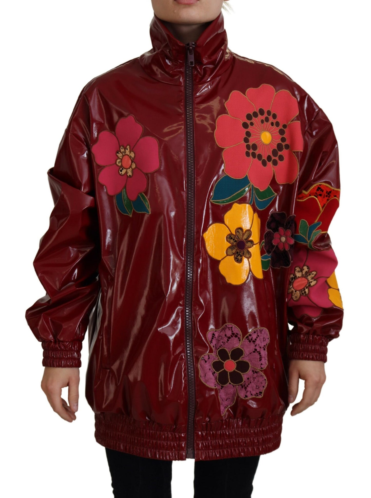 Veste femme en polyester Dolce & Gabbana, bordeaux, motif floral, entièrement zippée