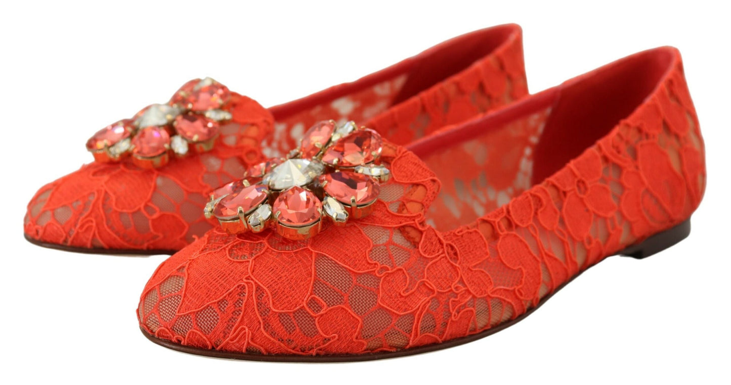 Chaussures Plates Dolce & Gabbana en Dentelle Rouge Taormina avec Cristaux