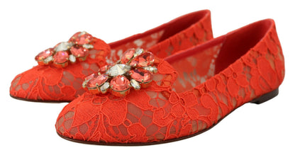 Chaussures Plates Dolce & Gabbana en Dentelle Rouge Taormina avec Cristaux