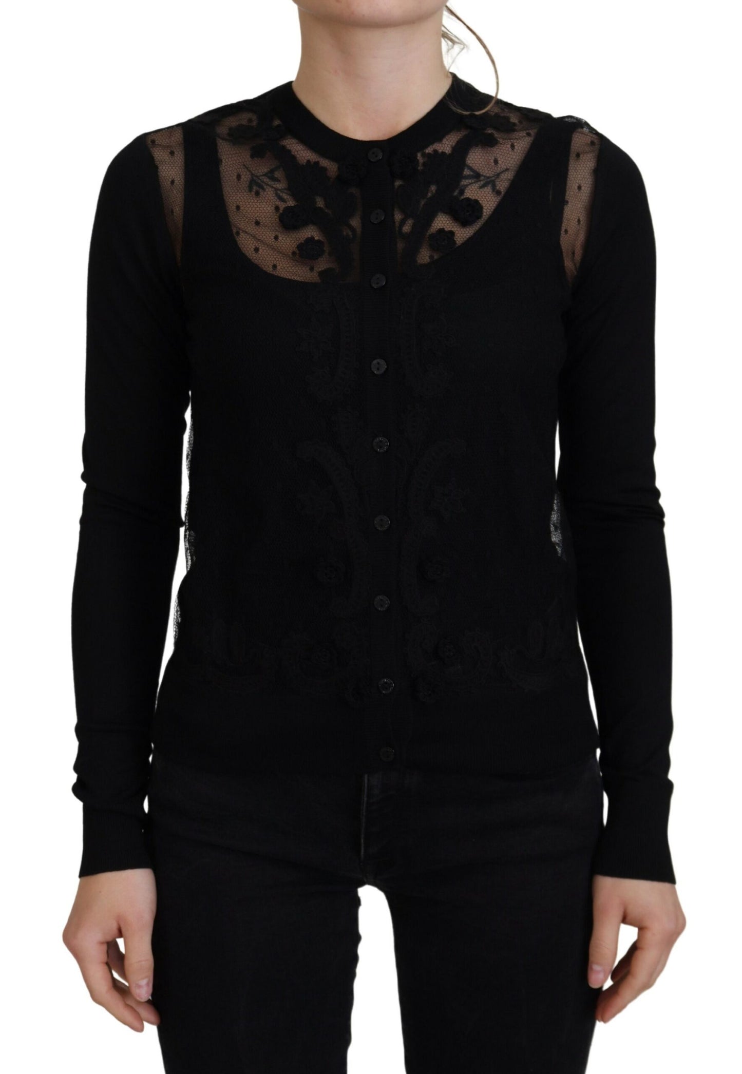 Cardigan en maille boutonnée en dentelle florale noire Dolce & Gabbana