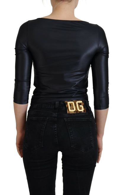 Haut Dolce & Gabbana en coton stretch noir à col ouvert et manches 3/4