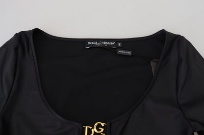 Haut Dolce & Gabbana en coton stretch noir à col ouvert et manches 3/4