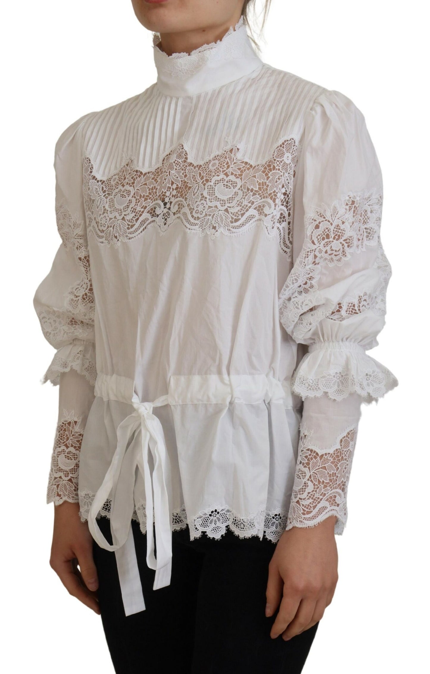 Haut à col roulé Dolce & Gabbana en coton blanc orné de dentelle