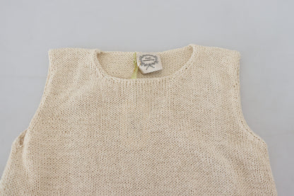 PINK MEMORIES Beige Cotton Blend Sleeveless Round Neck Tank Top