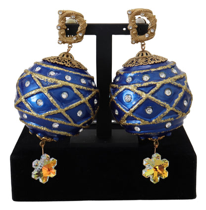 Boucles d'oreilles clips Dolce & Gabbana en laiton doré avec boule pendante bleue et cristaux