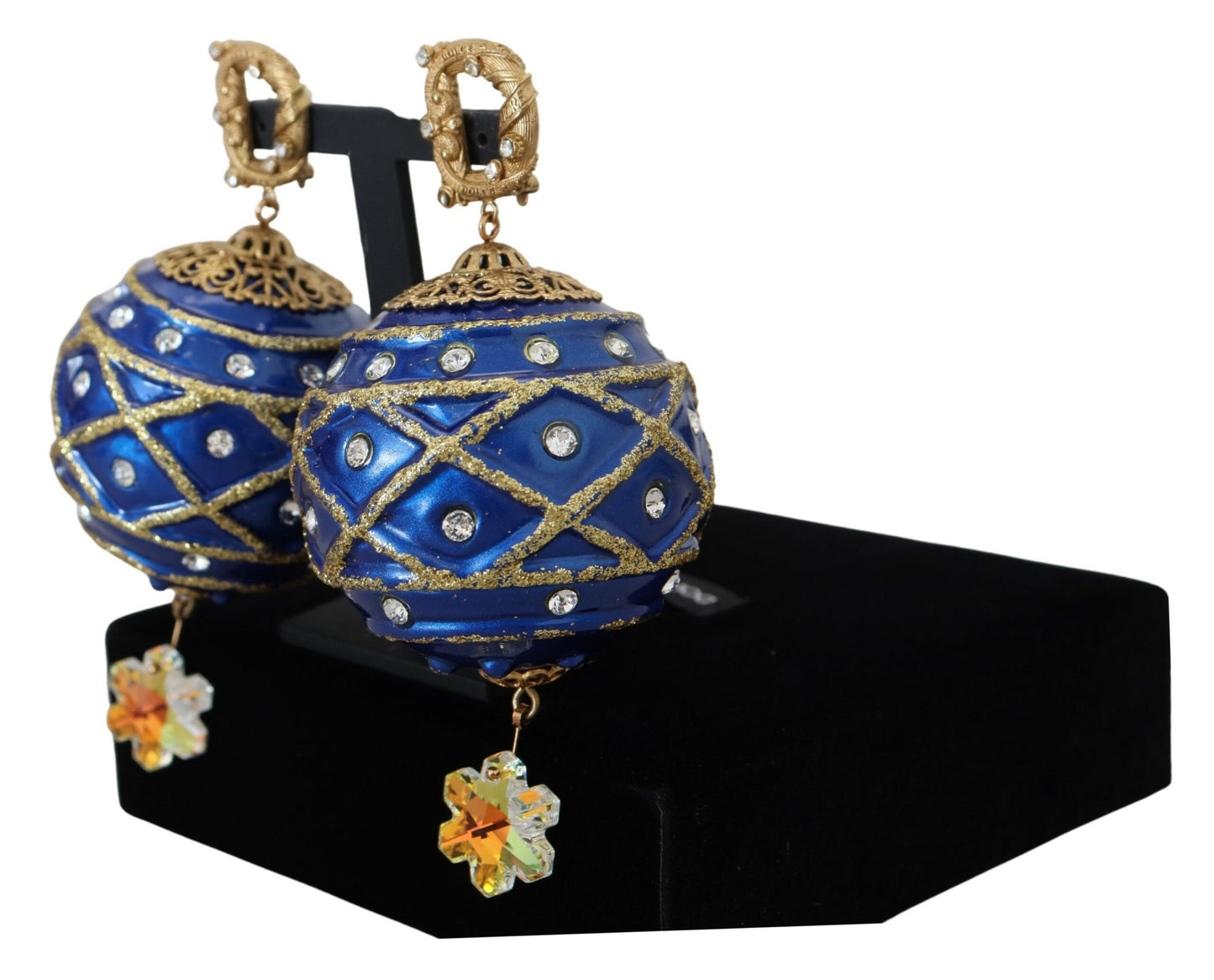 Boucles d'oreilles clips Dolce & Gabbana en laiton doré avec boule pendante bleue et cristaux