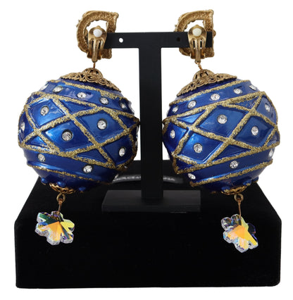 Boucles d'oreilles clips Dolce & Gabbana en laiton doré avec boule pendante bleue et cristaux