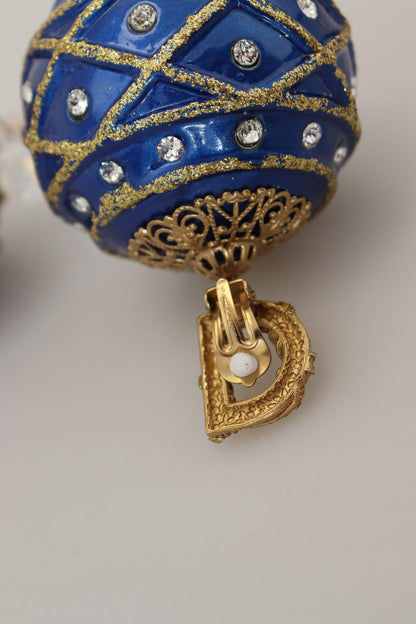 Boucles d'oreilles clips Dolce & Gabbana en laiton doré avec boule pendante bleue et cristaux