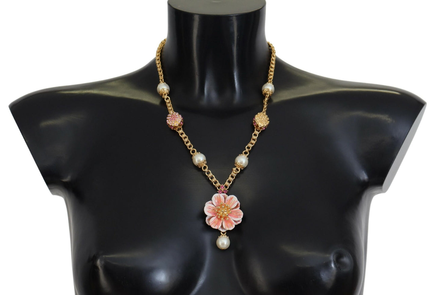 Collier Dolce & Gabbana doré à fleurs, cristaux et ornements roses