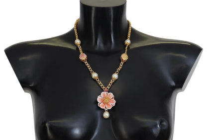 Collier Dolce & Gabbana doré à fleurs, cristaux et ornements roses