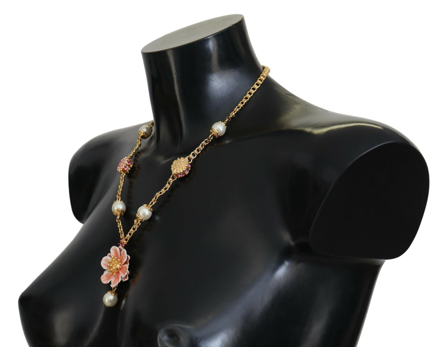 Collier Dolce & Gabbana doré à fleurs, cristaux et ornements roses