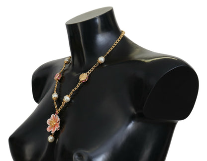 Collier Dolce & Gabbana doré à fleurs, cristaux et ornements roses