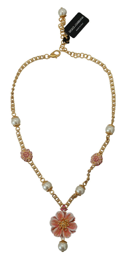 Collier Dolce & Gabbana doré à fleurs, cristaux et ornements roses