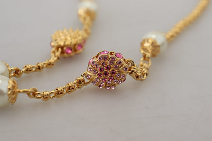 Collier Dolce & Gabbana doré à fleurs, cristaux et ornements roses
