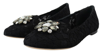 Chaussures plates Dolce & Gabbana en dentelle Taormina noire et cristaux