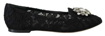 Chaussures plates Dolce & Gabbana en dentelle Taormina noire et cristaux