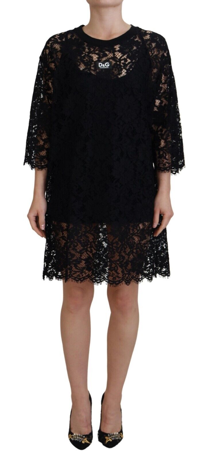 Mini-robe droite en coton noir et dentelle florale Dolce & Gabbana